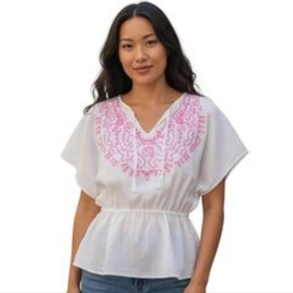 NWT Hayden Cotton White and Pink Embroidered Women's Top Boho Size Large Beachy